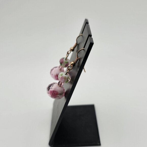 Glass Floral Earrings Pink Triple Beaded Rose Gold-Toned Dangle Drop Hook Lobe - Picture 7 of 9